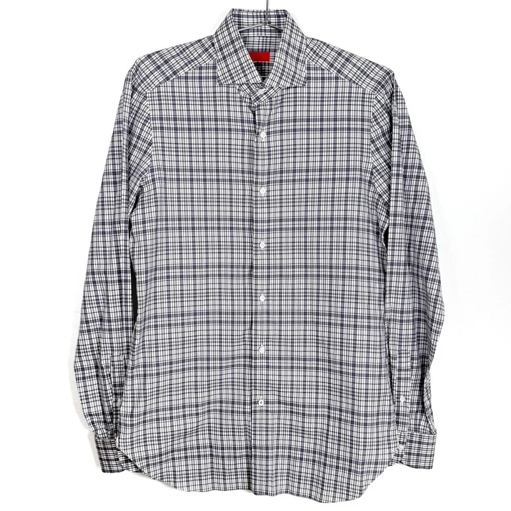 ISAIA Napoli Mens Dress Shirt 15 1/2 Check‎ Plaid Black & White Button Up